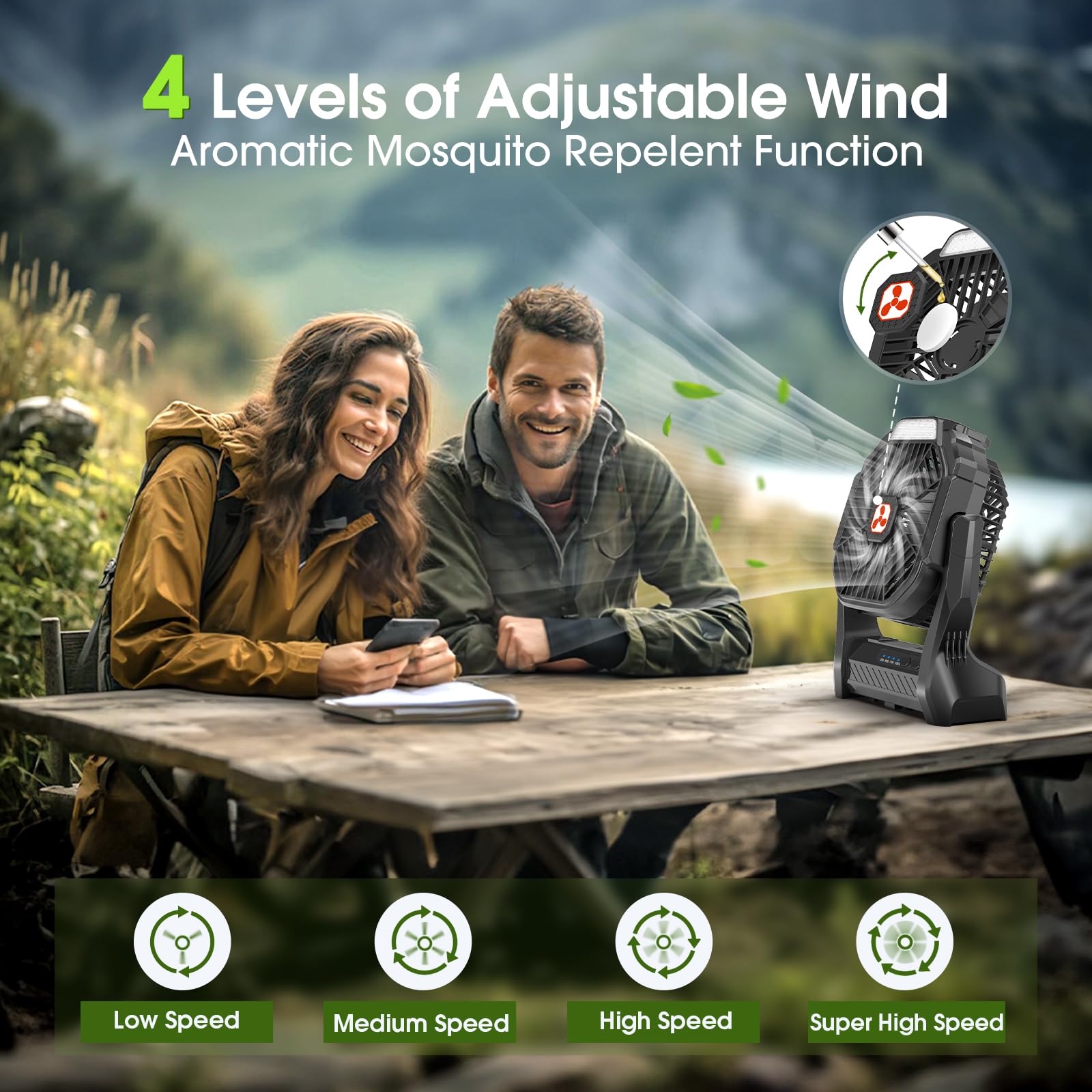 Peouix ventilador colgado en tienda de campaña proporcionando luz y aire fresco