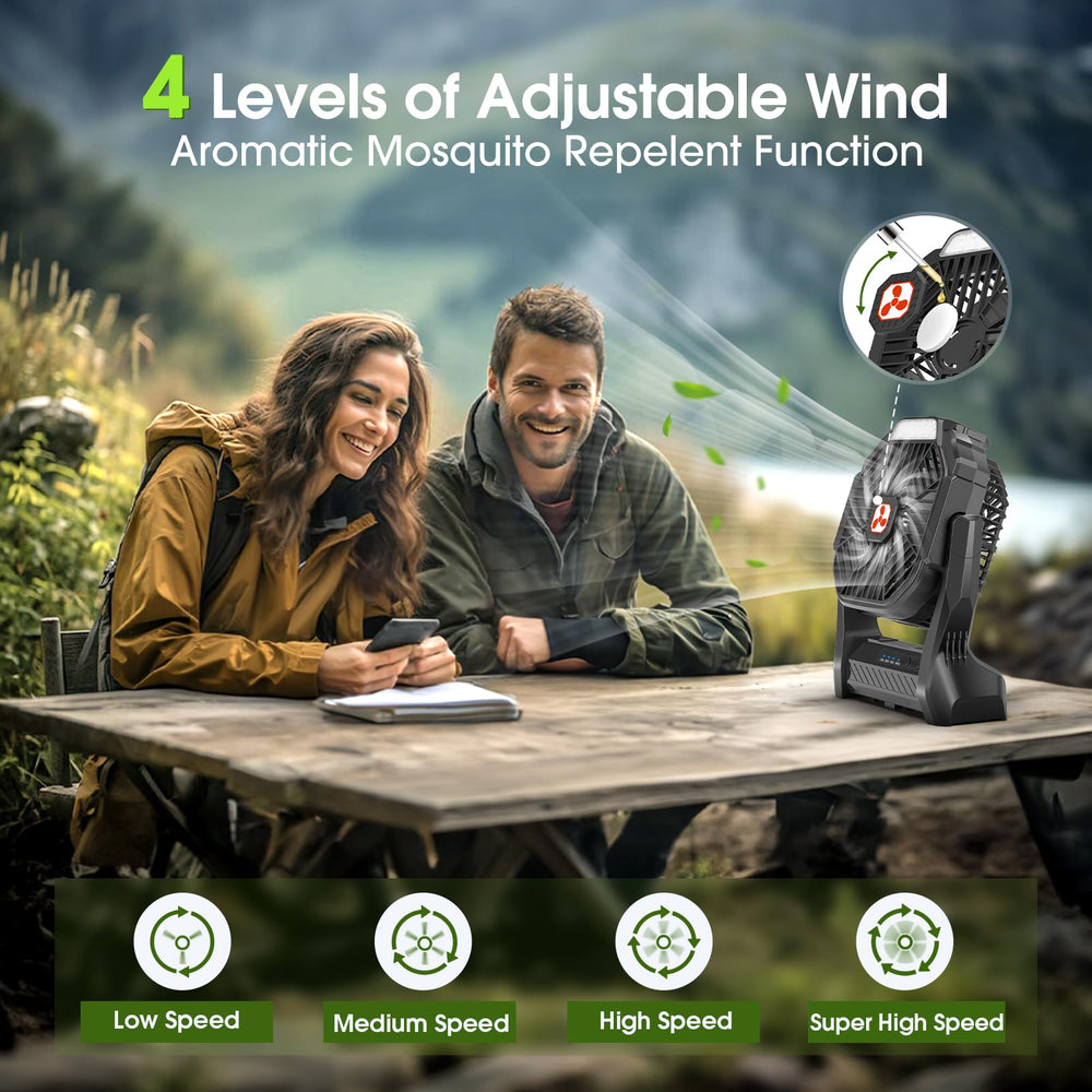Peouix ventilador colgado en tienda de campaña proporcionando luz y aire fresco