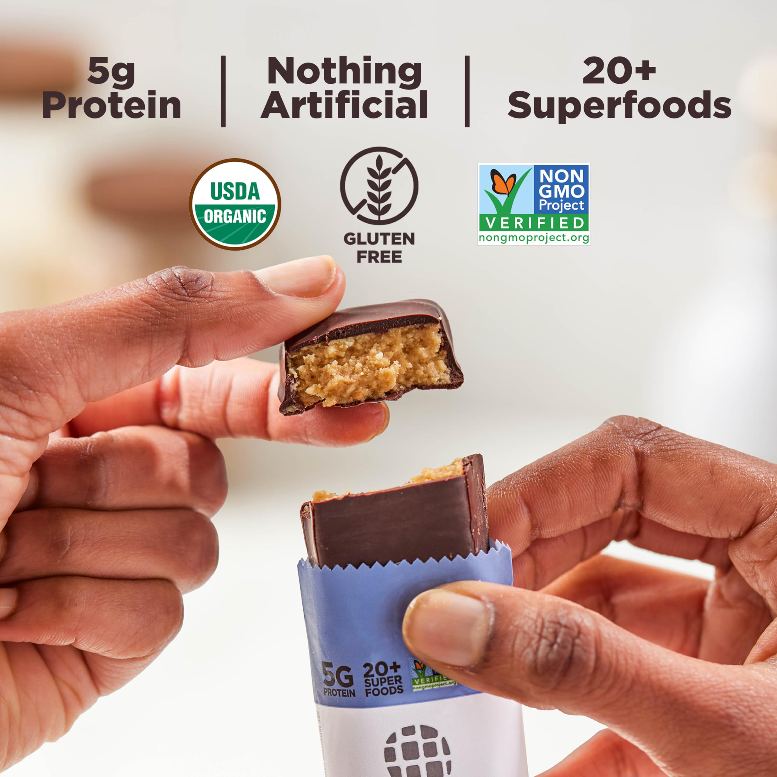 Perfect Bar mini closeup of soft cookie-dough texture, highlights fresh-ground peanut butter