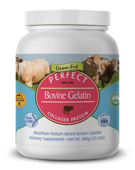 Perfect Supplements envase frontal de gelatina bovina, pureza visible