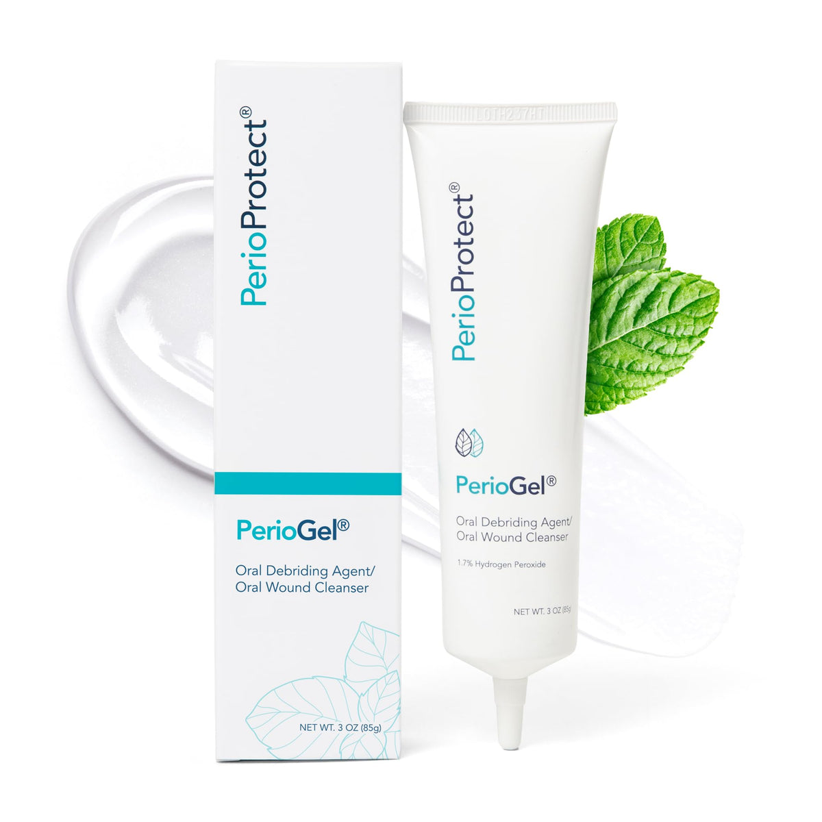 Perio Protect frontal del tubo de Perio Gel mostrando presentación 3 oz y claridad