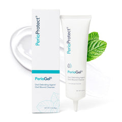 Perio Protect frontal del tubo de Perio Gel mostrando presentación 3 oz y claridad