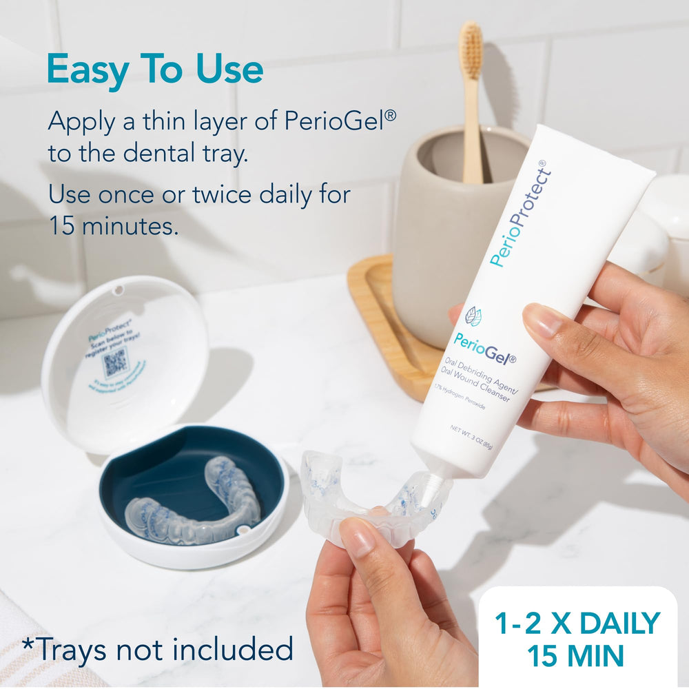 Perio Protect profesional dental aplicando Perio Gel en consulta clínica