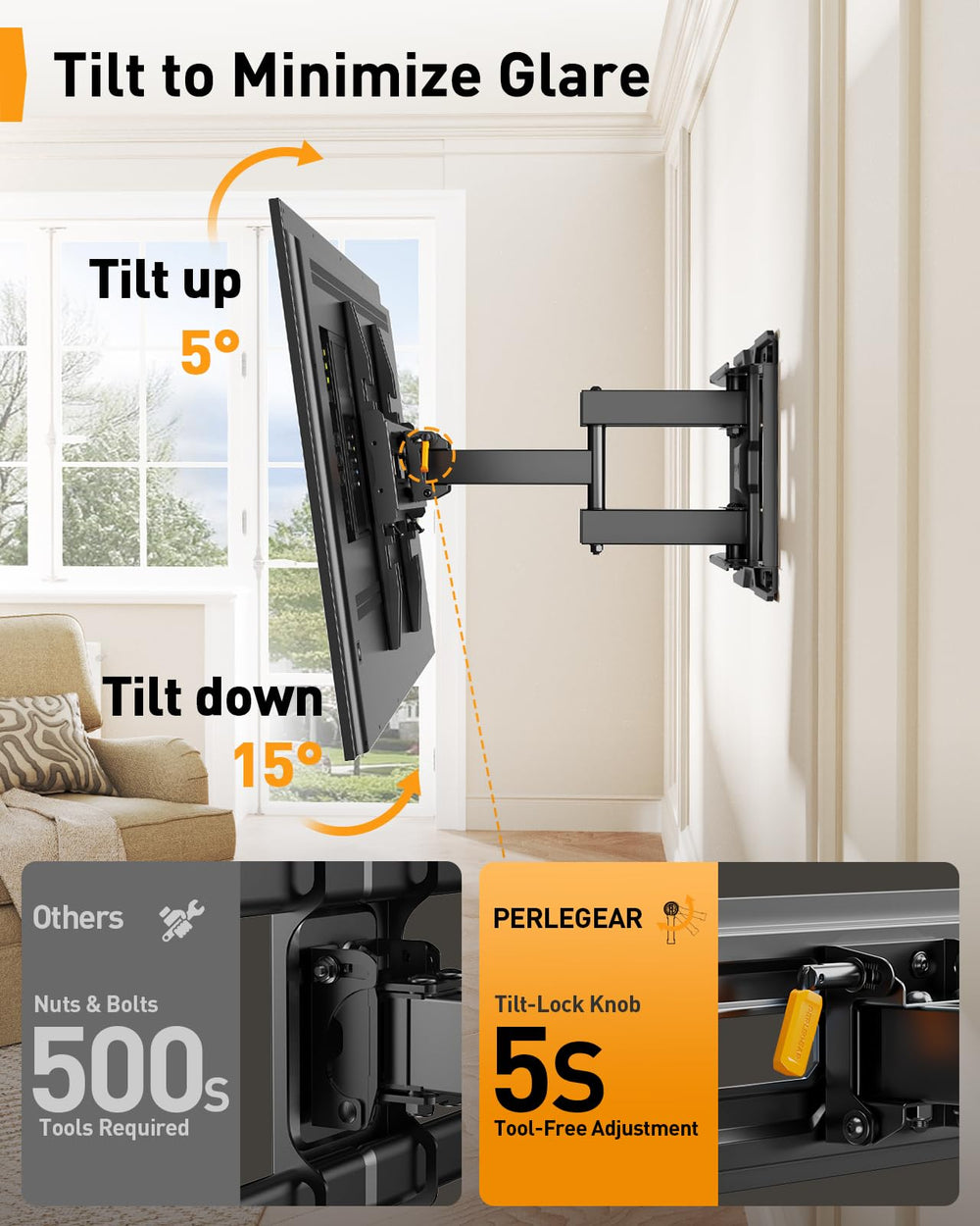 Perlegear tilt mechanism detail illustrating tool-free glare reduction