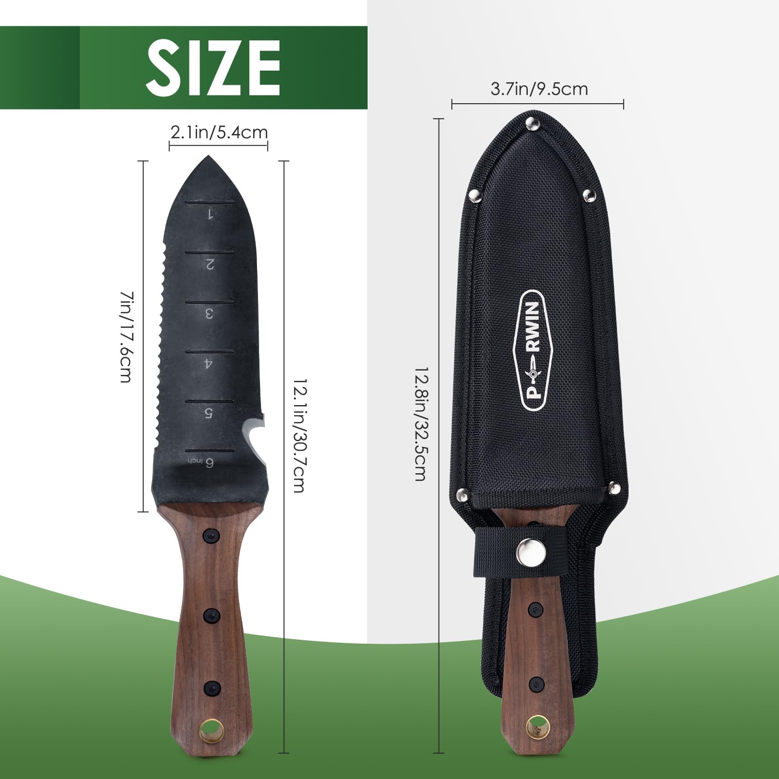 PERWIN Hori Hori mango de madera, agarre ergonómico cómodo