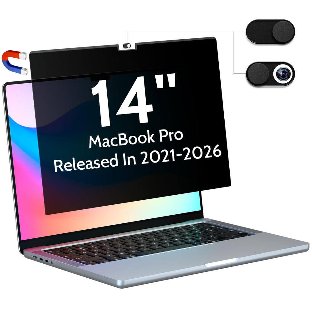 Peslv vista frontal del filtro en MacBook Pro 14 protegiendo pantalla