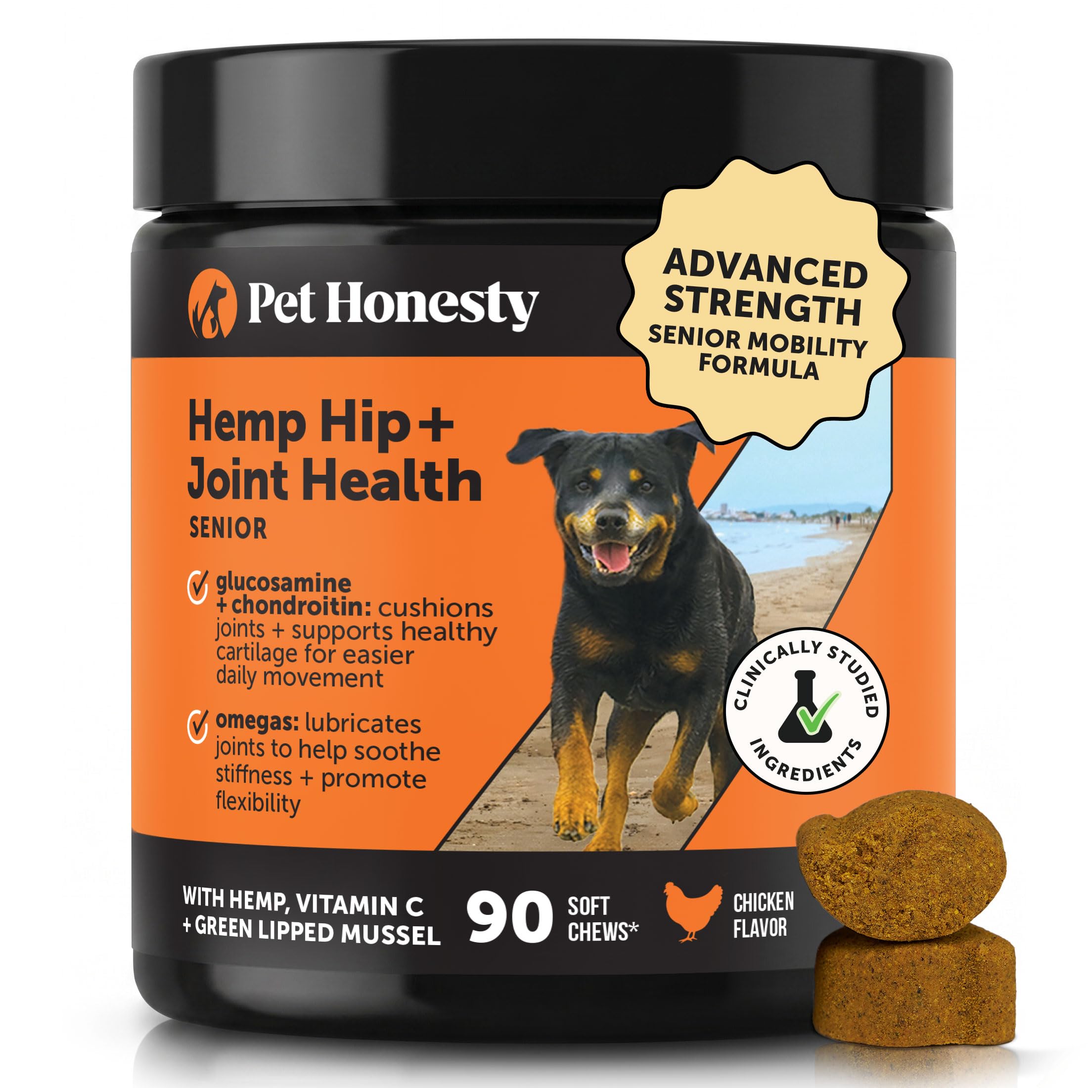 Pet Honesty envase frontal mostrando 90 unidades y beneficios de movilidad