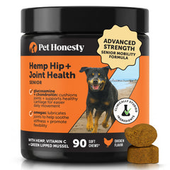 Pet Honesty envase frontal mostrando 90 unidades y beneficios de movilidad