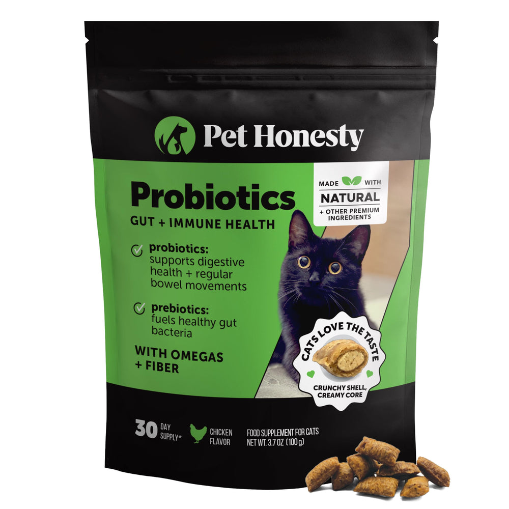Pet Honesty envase frontal de golosinas probióticas, presentación clara