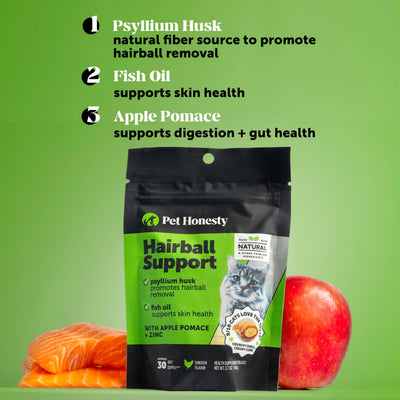 Pet Honesty label close-up showing ingredient highlights like psyllium and fish oil