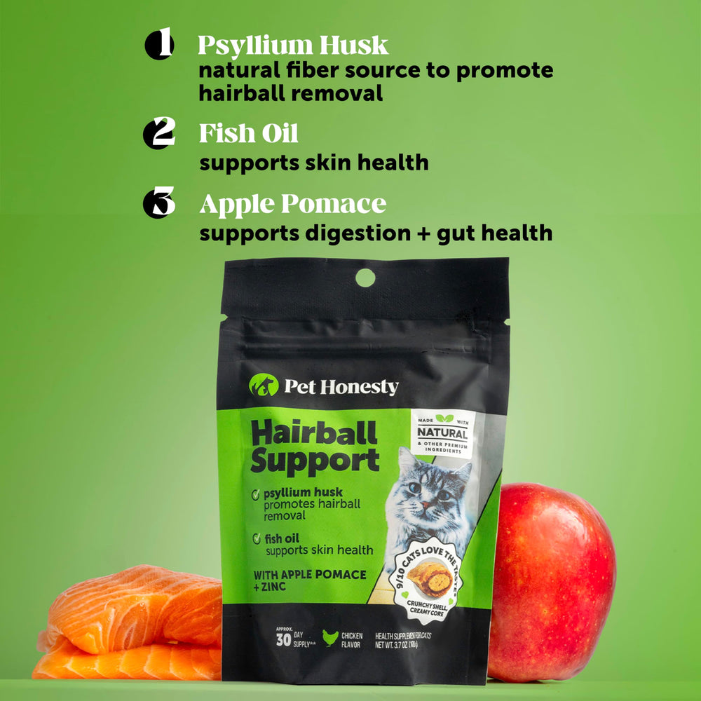 Pet Honesty label close-up showing ingredient highlights like psyllium and fish oil