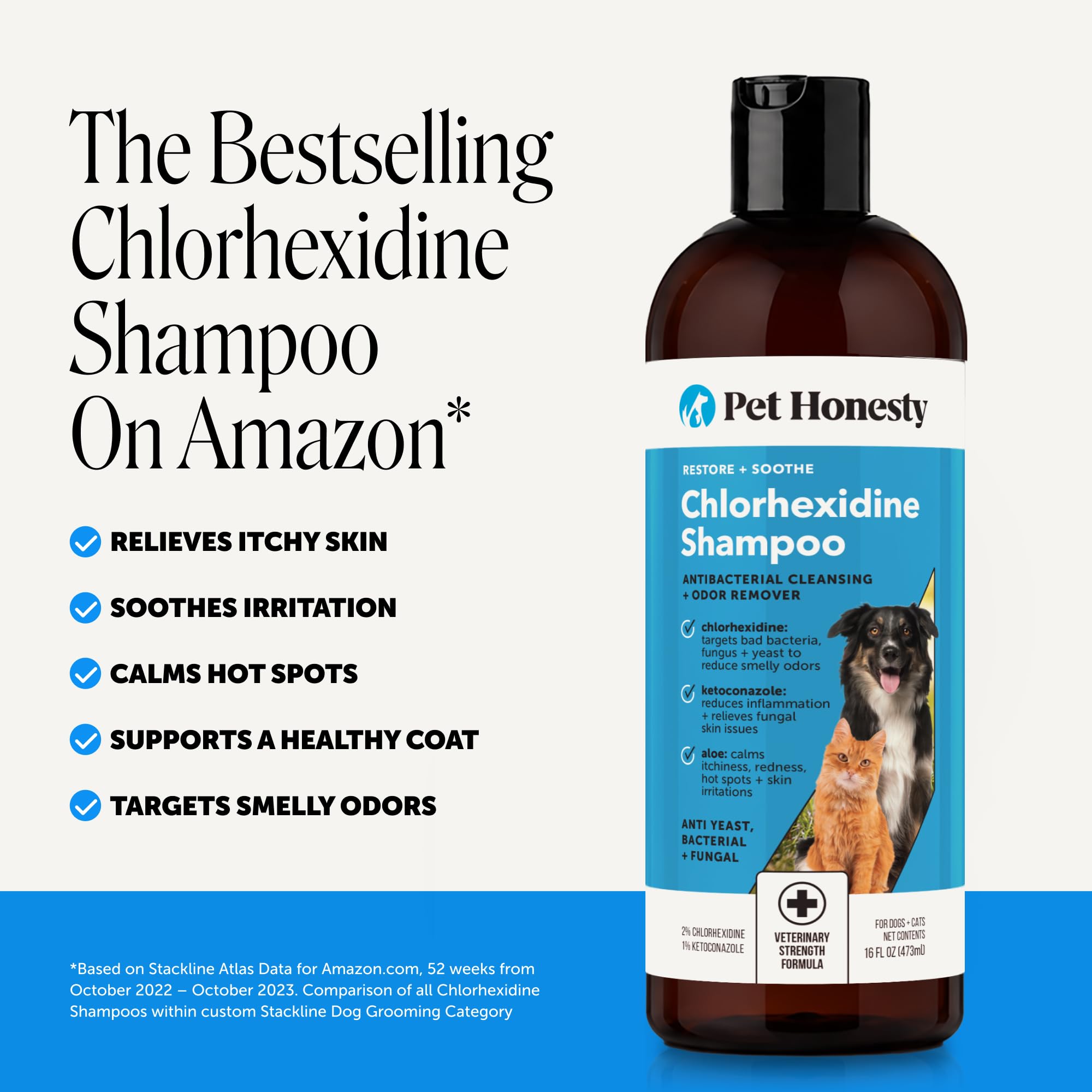 Pet Honesty aplicando champú en perro para aliviar picor y limpiar