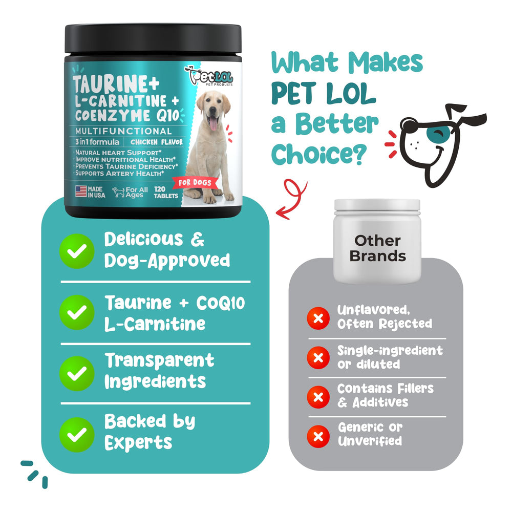 PET LOL etiqueta de ingredientes con taurina L-carnitina y CoQ10 claros
