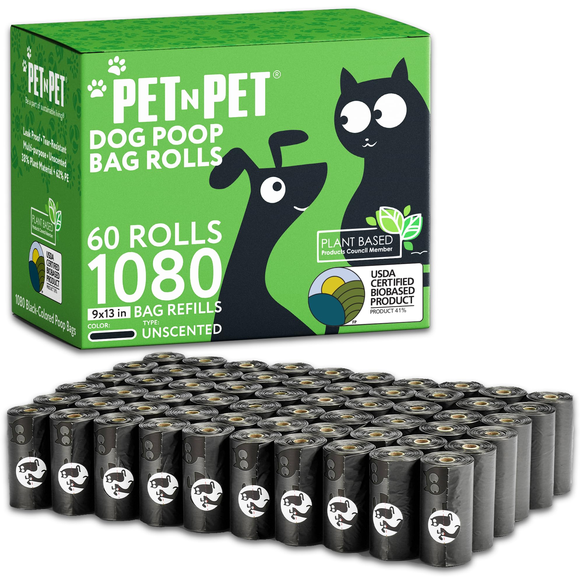 PET N PET front packaging showing 1080-count and black bags for value