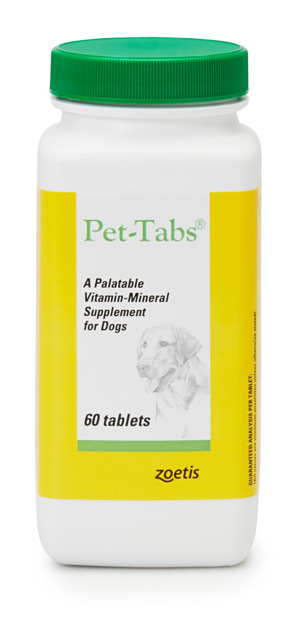 Pet-Tabs vista frontal del envase mostrando 60 comprimidos y utilidad diaria