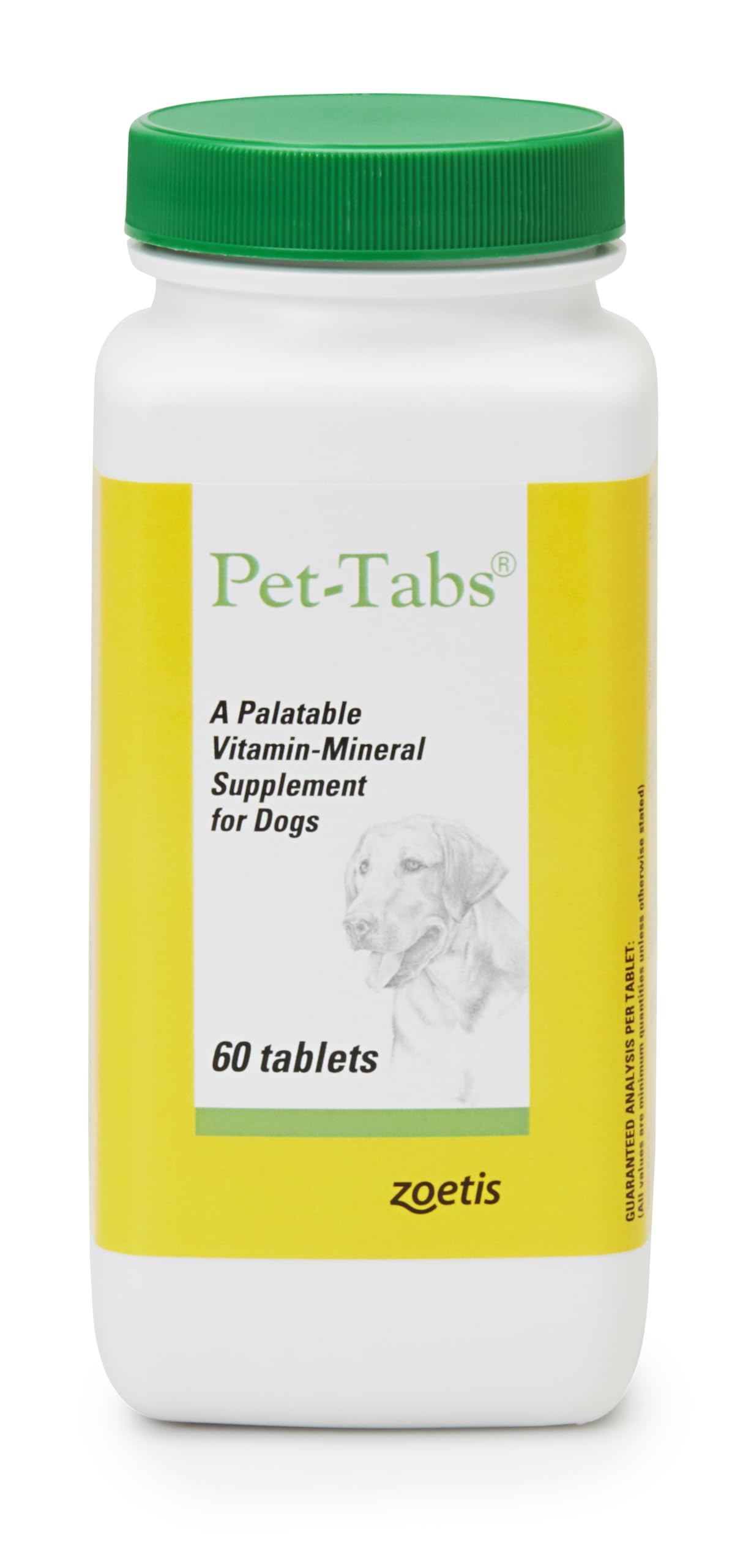 Pet-Tabs vista frontal del envase mostrando 60 comprimidos y utilidad diaria