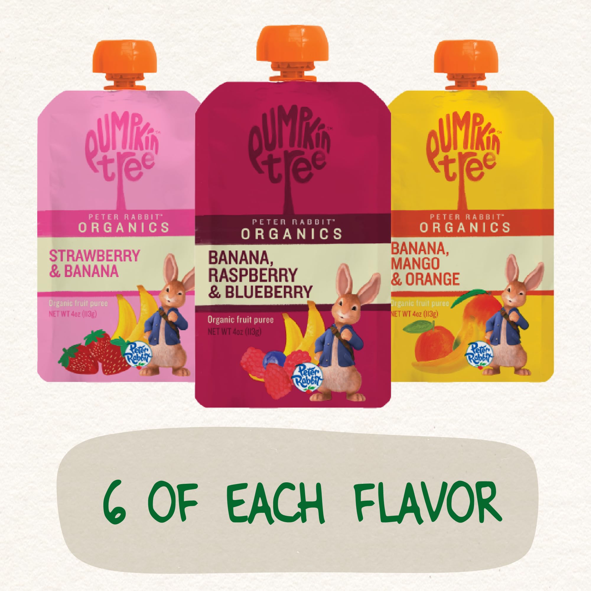 Pumpkin Tree Peter Rabbit Organics tres sabores dispuestos para ver combinaciones