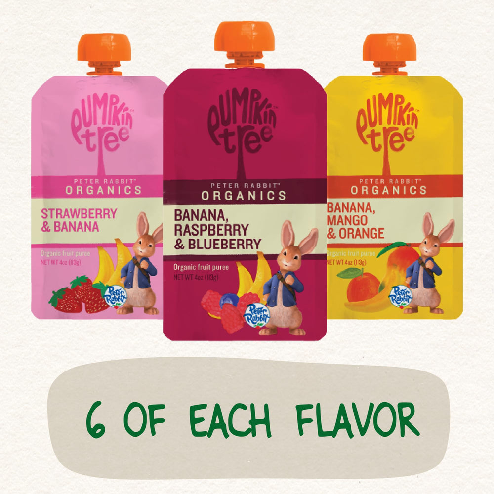 Pumpkin Tree Peter Rabbit Organics tres sabores dispuestos para ver combinaciones