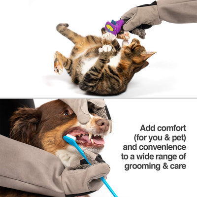 PetFusion glove next to a human hand illustrating accurate sizing