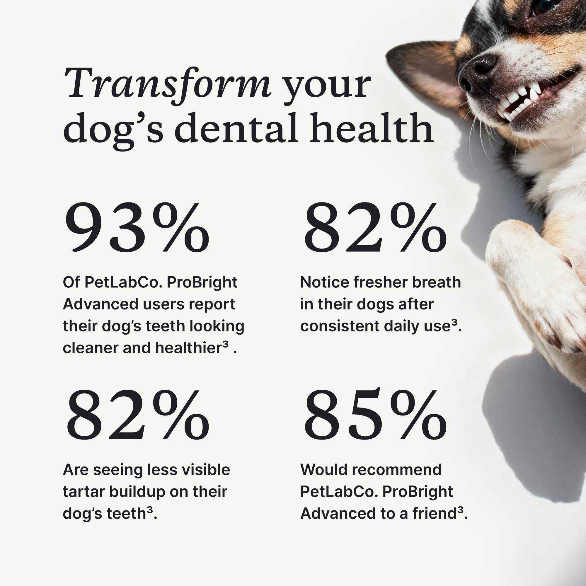 PetLab Co. ProBright before and after teeth image, illustrating reduced visible tartar