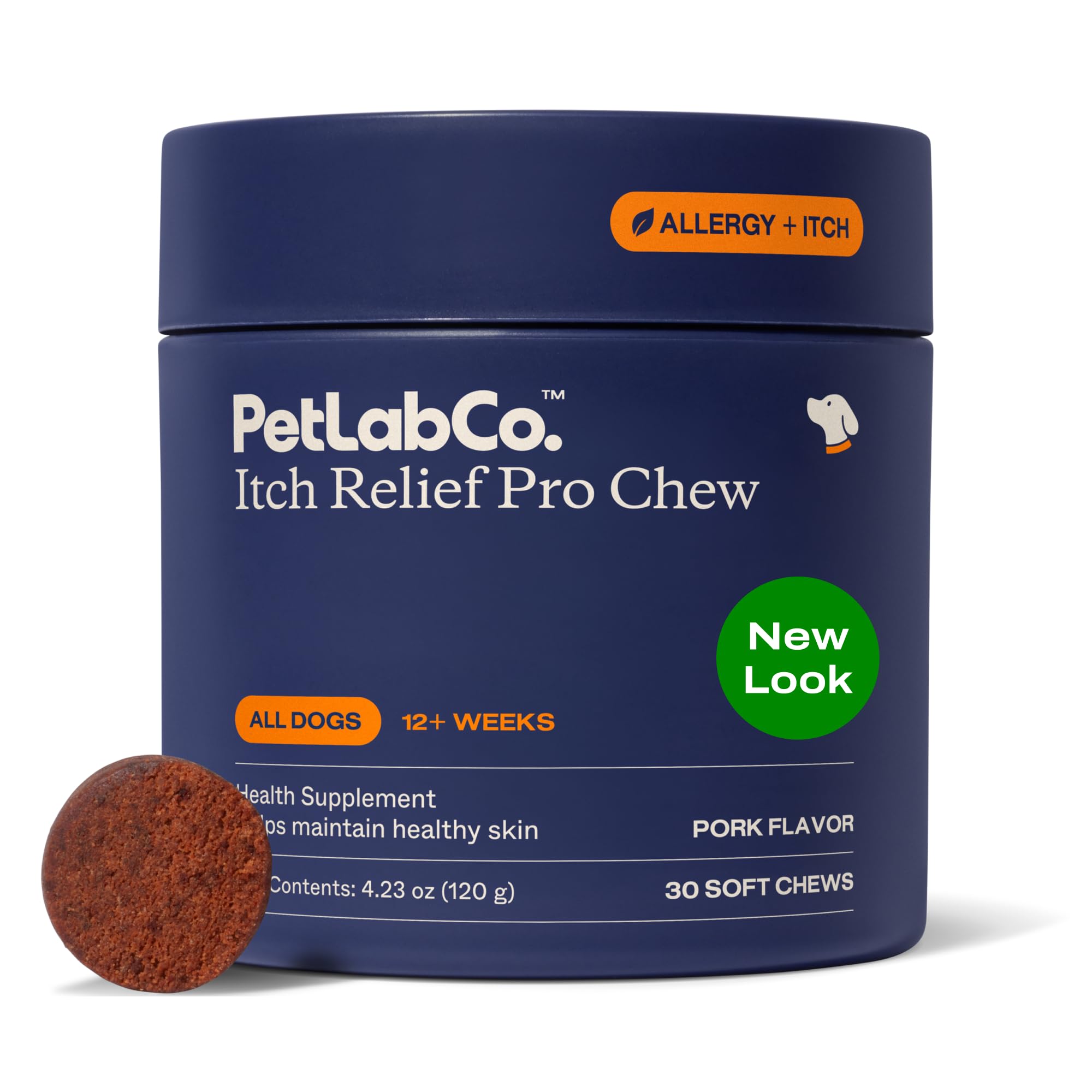 PetLab Co. envase frontal de Itch Relief Chew Pro mostrando 30 masticables y beneficios