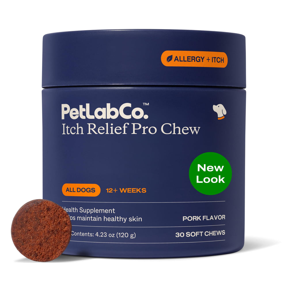 PetLab Co. envase frontal de Itch Relief Chew Pro mostrando 30 masticables y beneficios