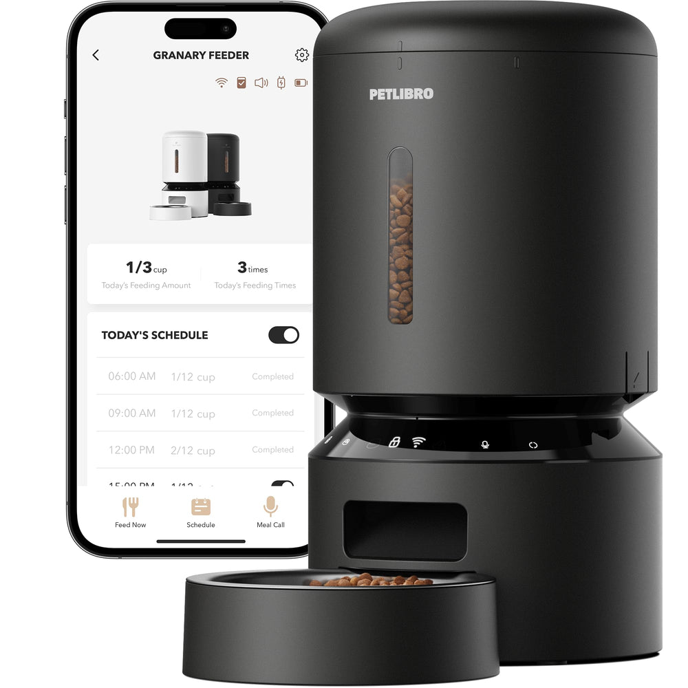 PETLIBRO front view of automatic feeder showing compact granary and bowl, convenient control