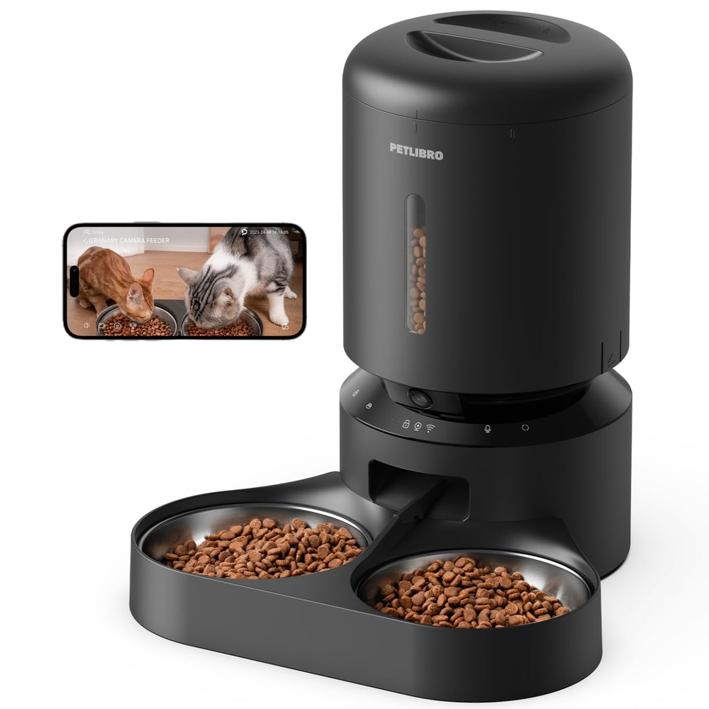 PETLIBRO front view showing dual trays and sleek black design for tidy feeding