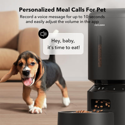 PETLIBRO voice record button and speaker showing custom meal call feature to comfort pets