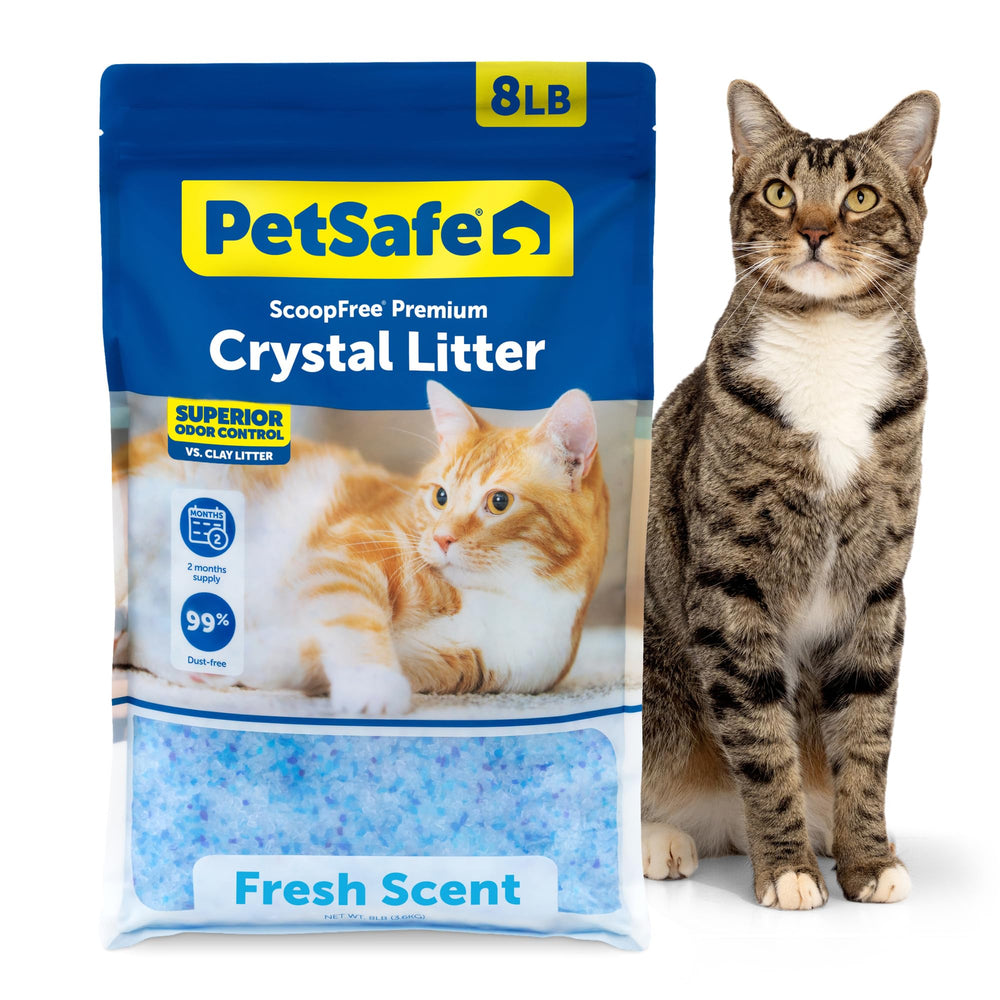 PetSafe empaque frontal mostrando bolsa de arena cristal y beneficio control de olores