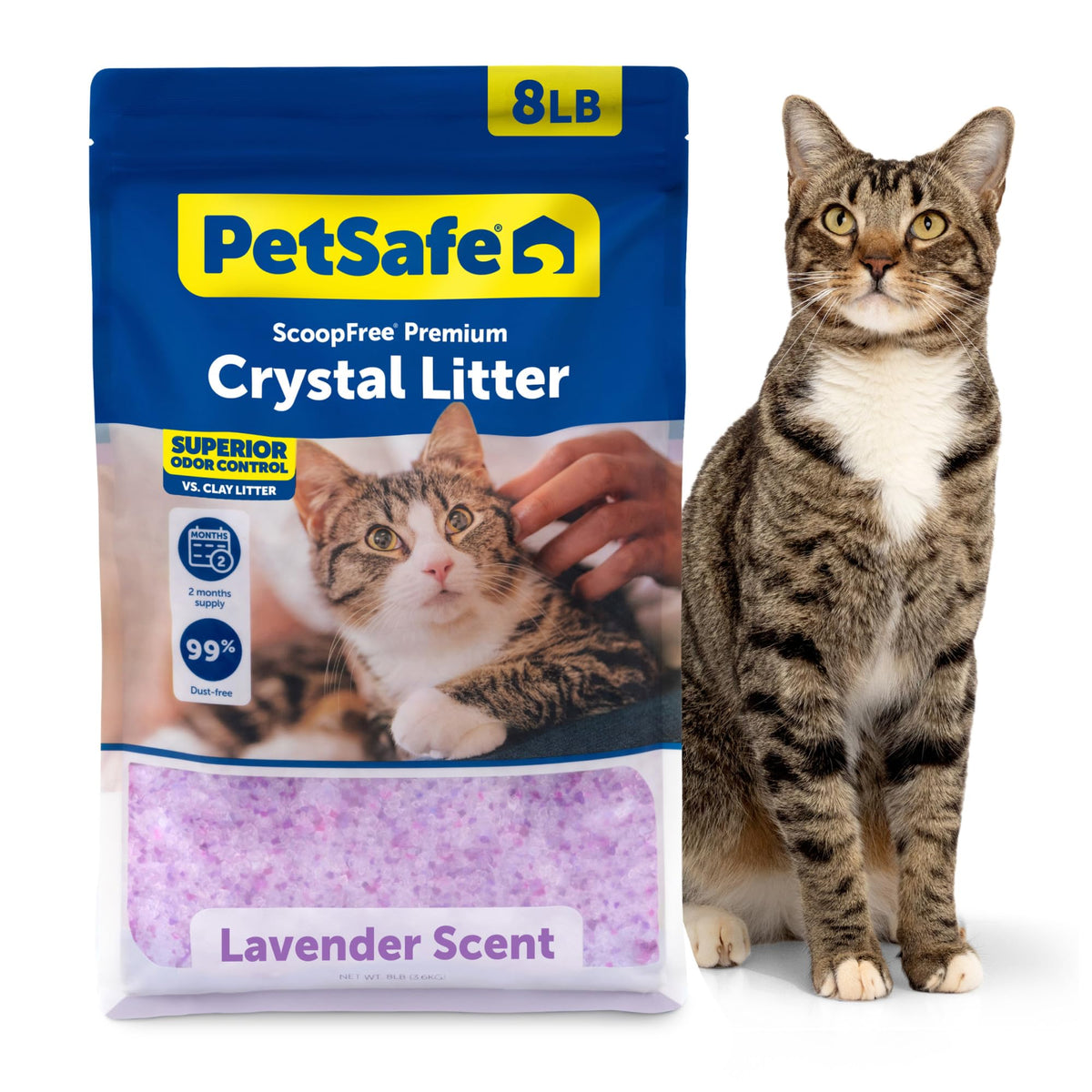 PetSafe paquete frontal de arena cristal lavanda, presentación clara y beneficios prácticos