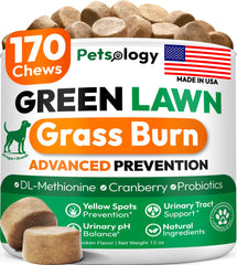 Petsology frente del empaque mostrando 170 masticables y beneficios del césped