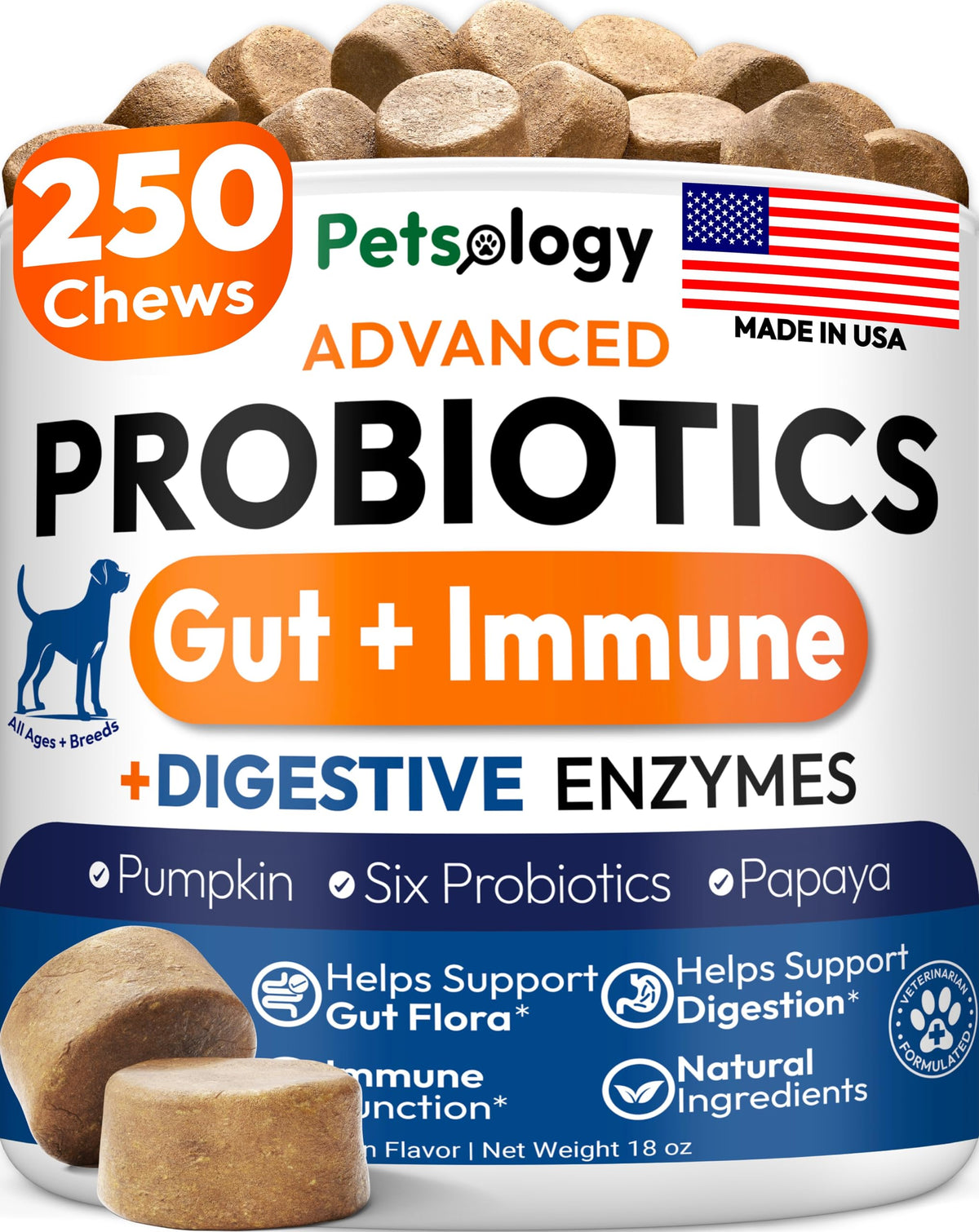 Petsology frente del envase mostrando 250 masticables y beneficio digestivo