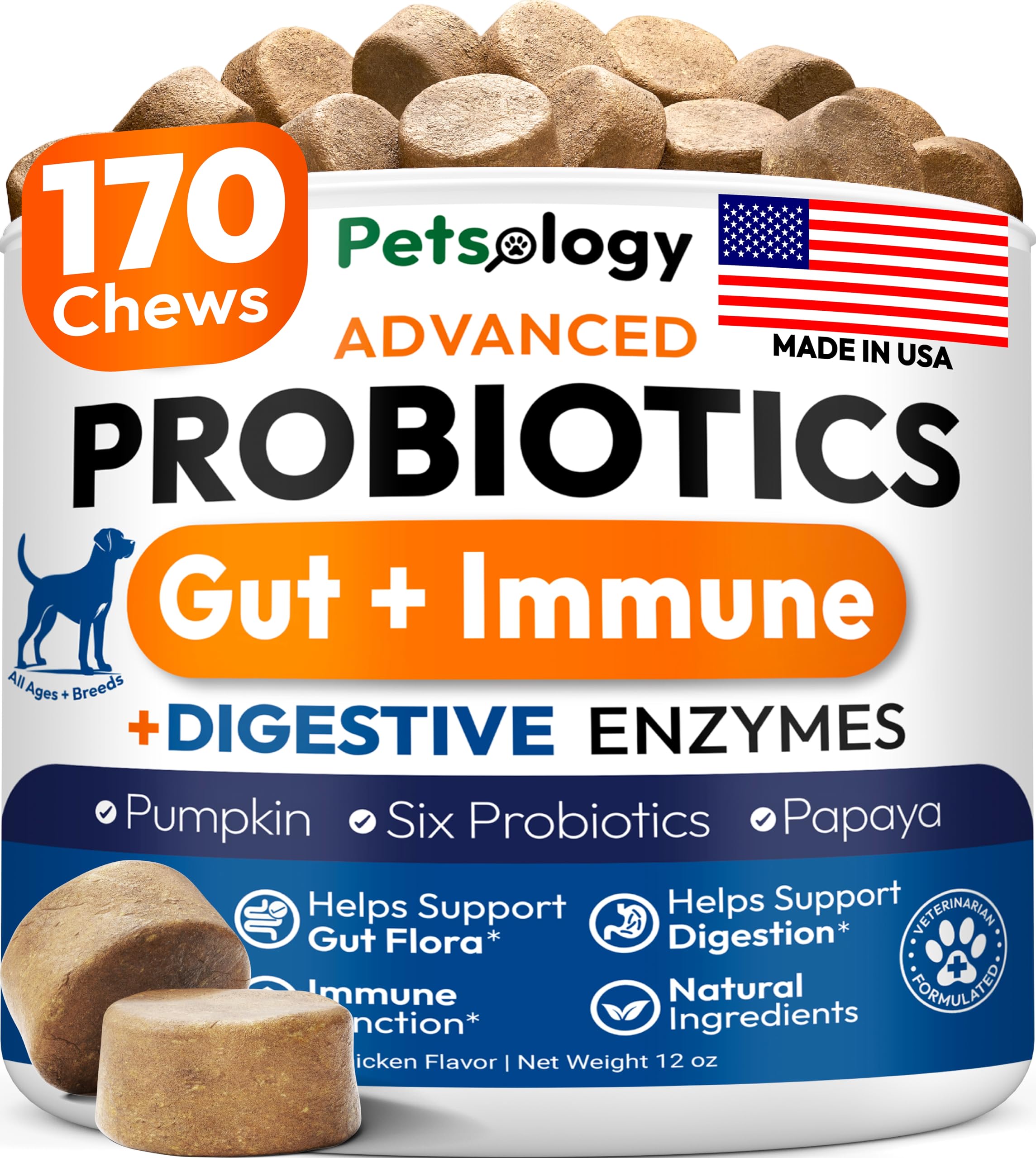 Petsology envase frontal mostrando 170 masticables y beneficio digestivo