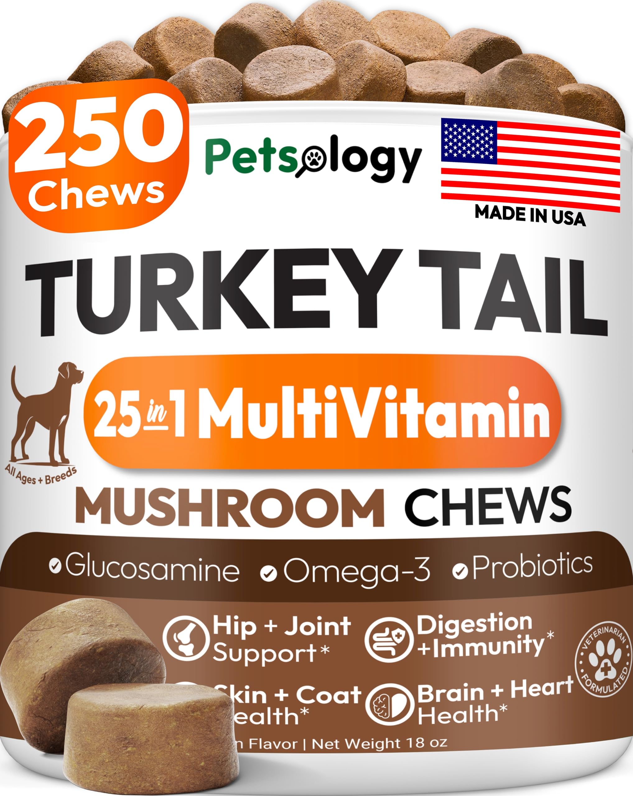 Petsology envase frontal del producto mostrando 250 chuches y beneficios
