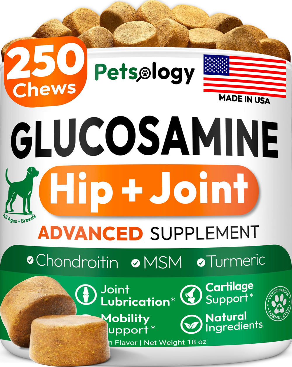 Petsology tarro frontal mostrando 250 masticables y conveniencia