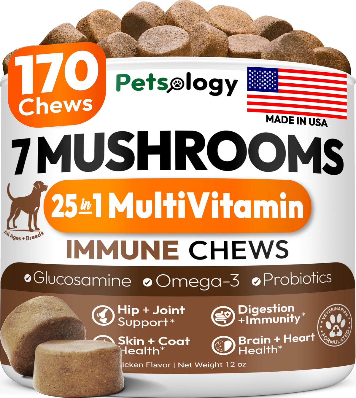 Petsology frente del empaque que muestra beneficios y cantidad