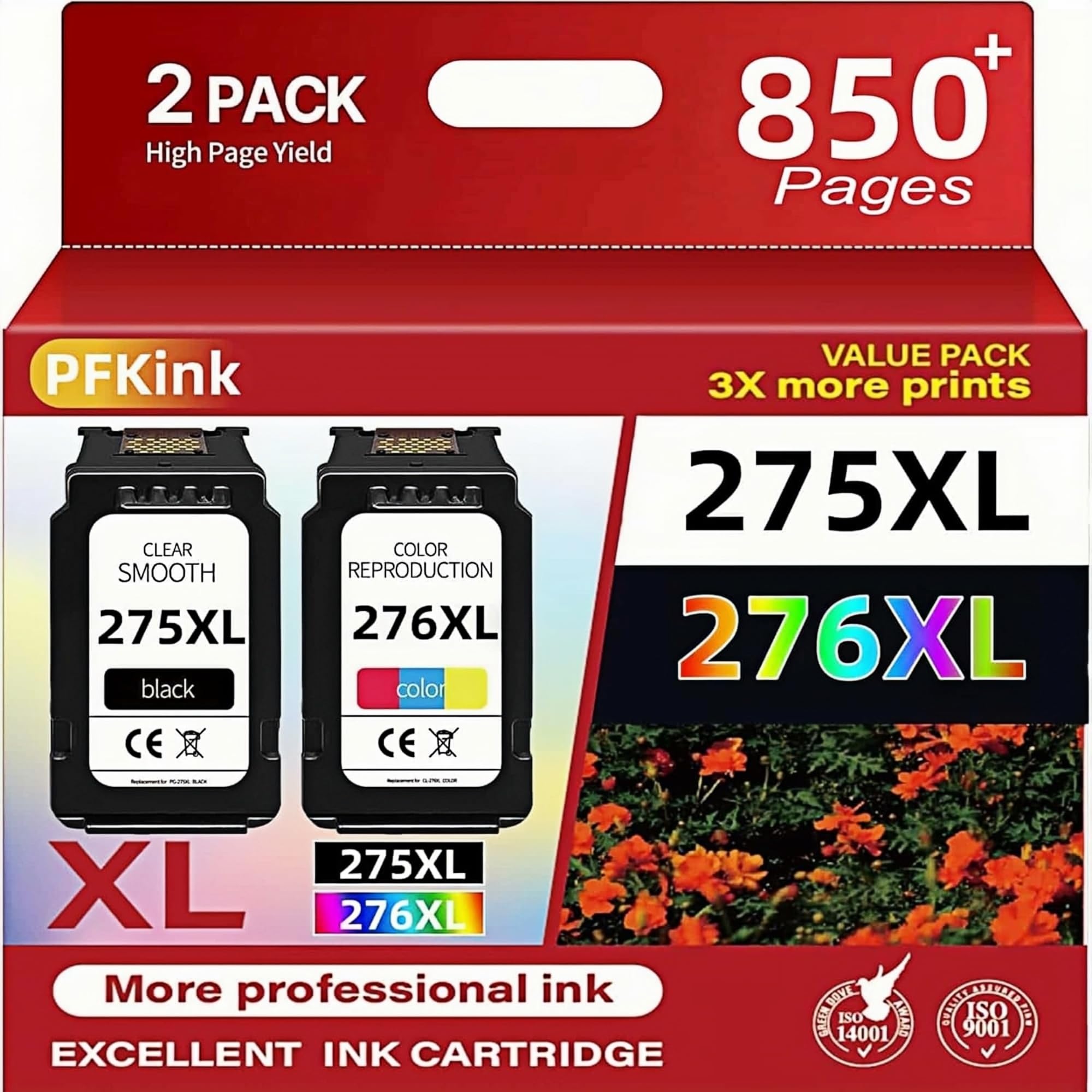 PFKink embalaje frontal mostrando kit 275XL y 276XL, ventaja: reemplazo inmediato