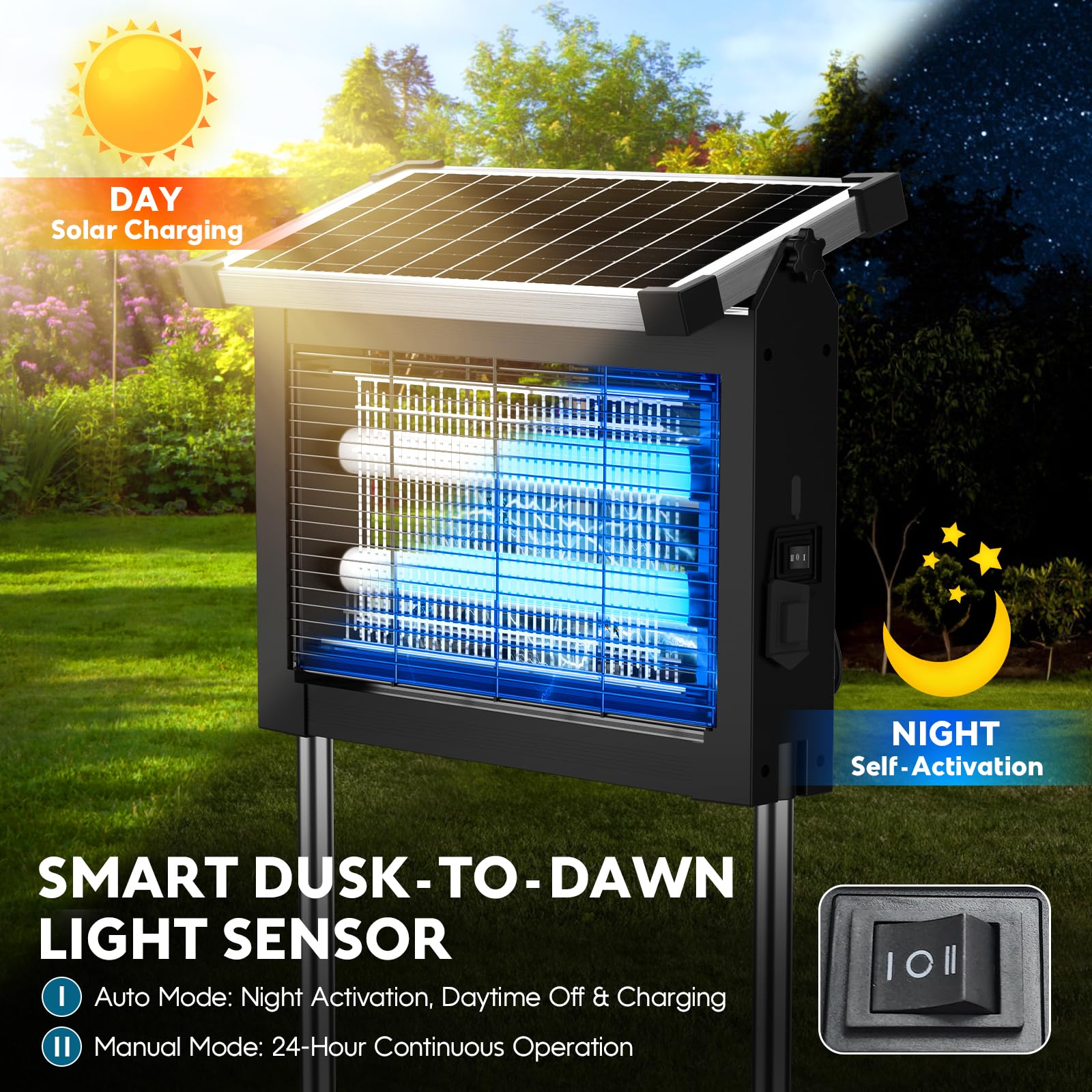 PhatroyYee staked in backyard illustrating flexible mounting and wide coverage benefit
