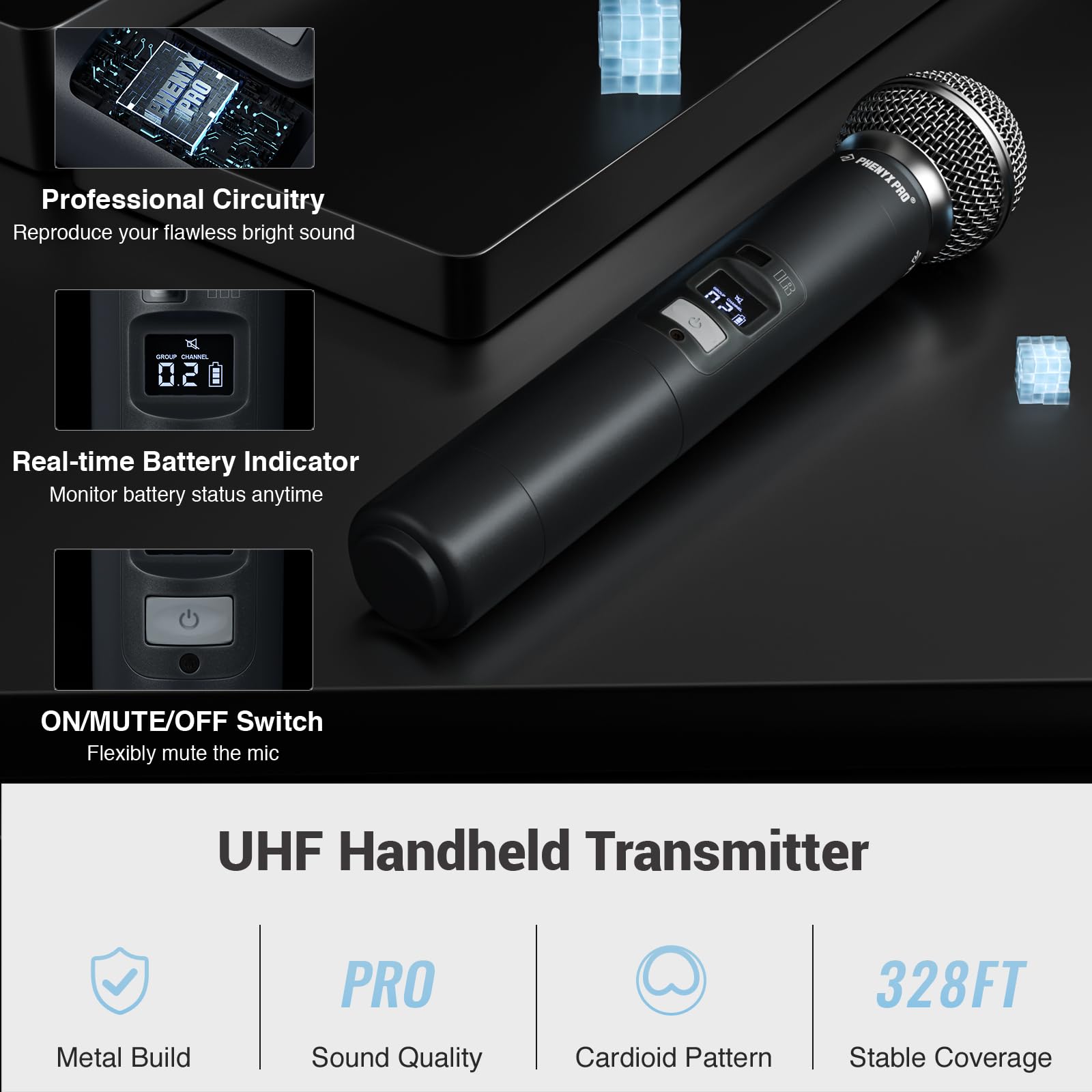 Phenyx Pro microphone grille close-up showing replaceable head design for extended lifespan