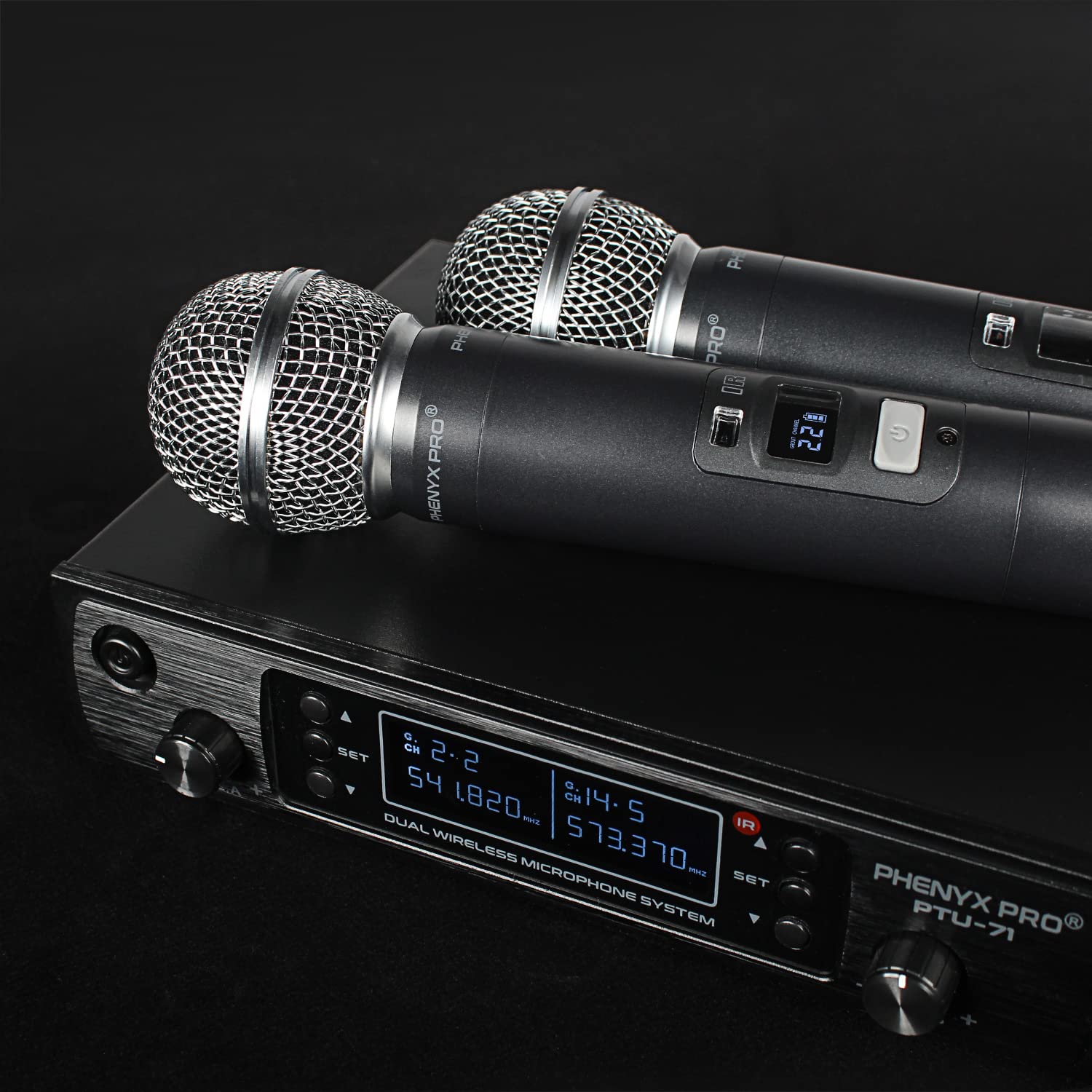 Phenyx Pro microphone close detail of mute and frequency lock controls for on-the-fly management
