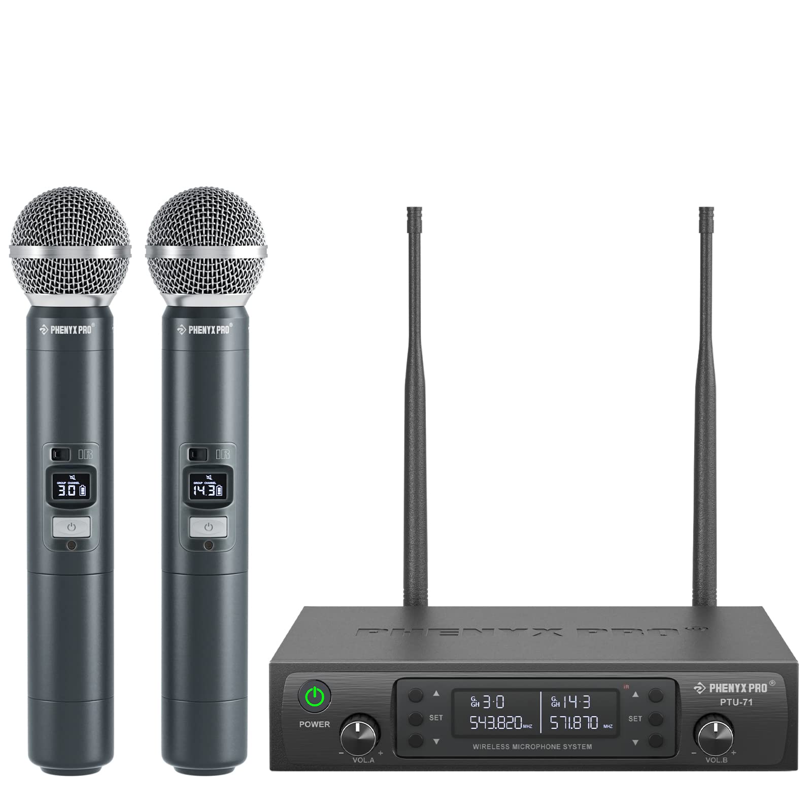 Phenyx Pro receiver front view showing controls and clear channel display for reliable operation