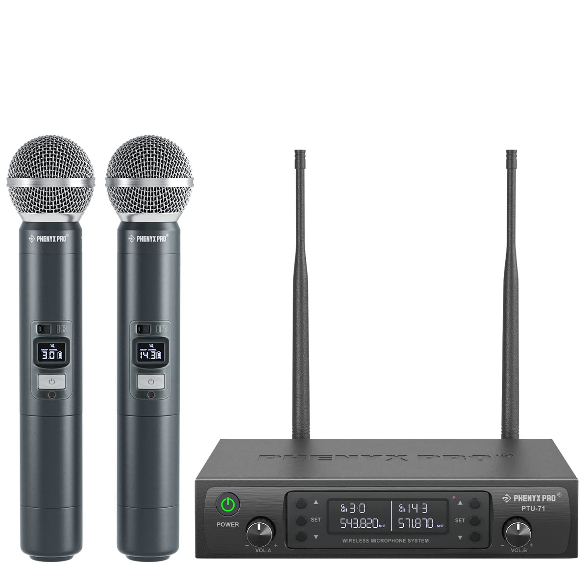 Phenyx Pro receiver front view showing controls and clear channel display for reliable operation