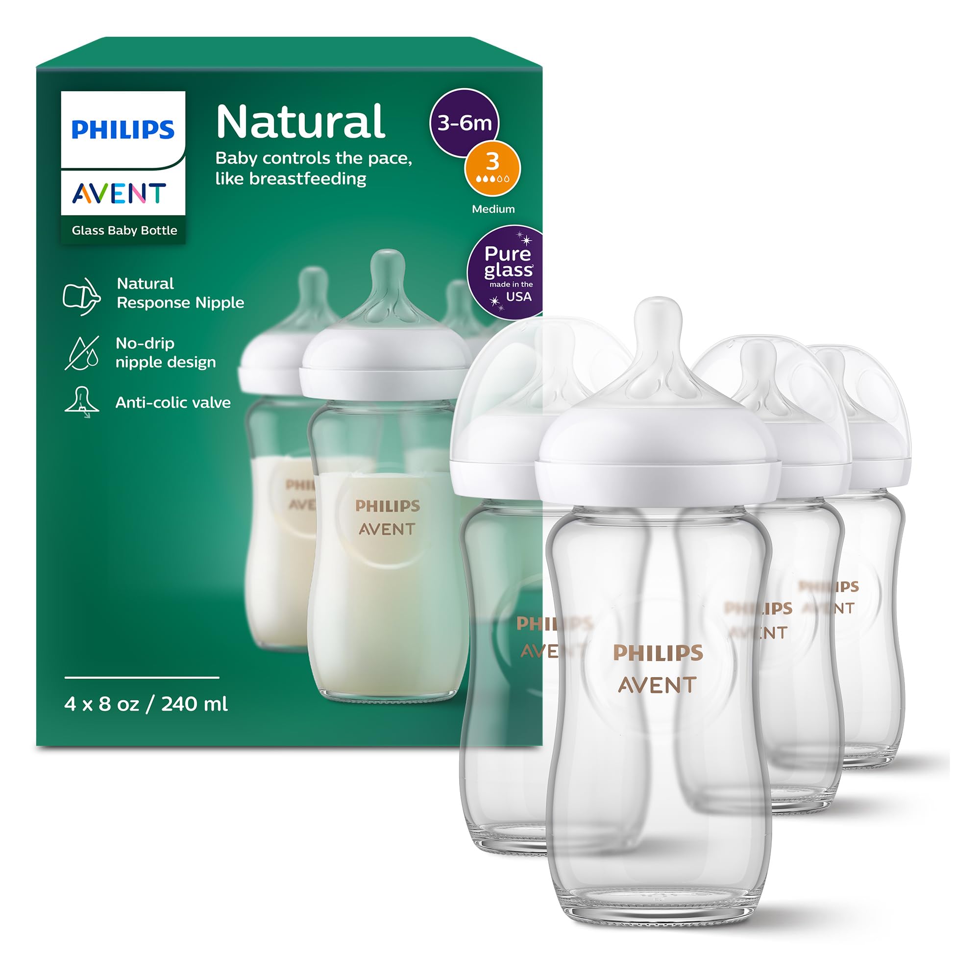 Philips Avent biberón de vidrio frontal muestra diseño ergonómico y seguridad