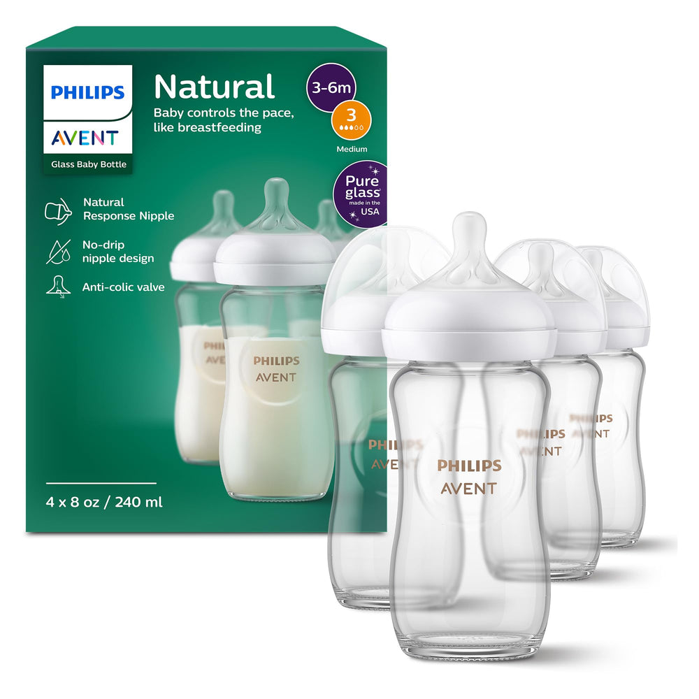 Philips Avent biberón de vidrio frontal muestra diseño ergonómico y seguridad