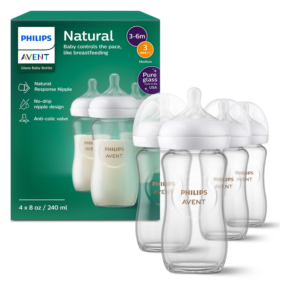 Philips Avent biberón de vidrio frontal muestra diseño ergonómico y seguridad