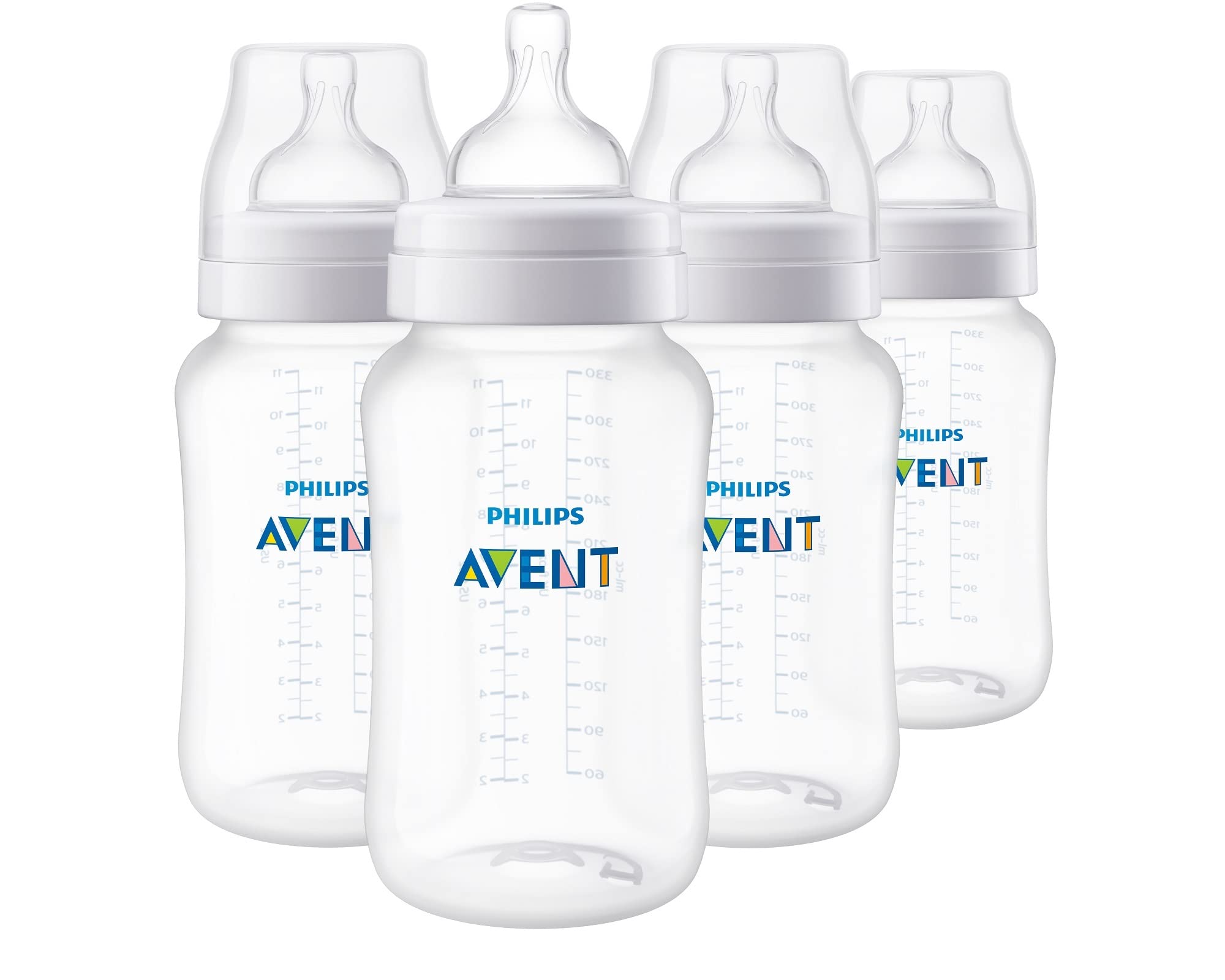 Philips Avent front packaging showing four 11 oz bottles and included Flow 3 nipples for convenience