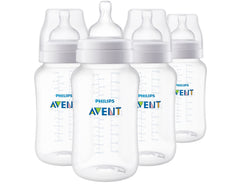 Philips Avent front packaging showing four 11 oz bottles and included Flow 3 nipples for convenience