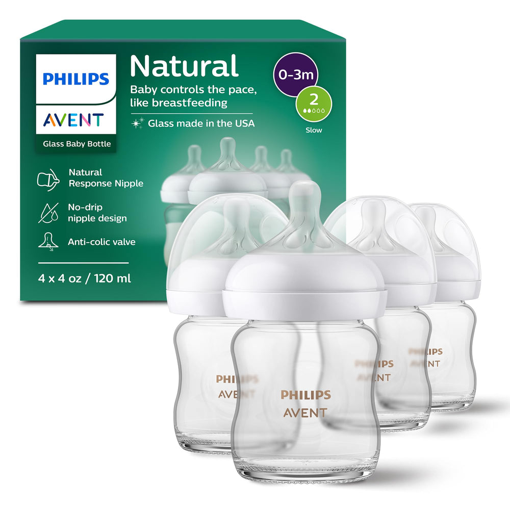 Philips Avent front view of glass bottle pack showing clear labeling and durability benefits
