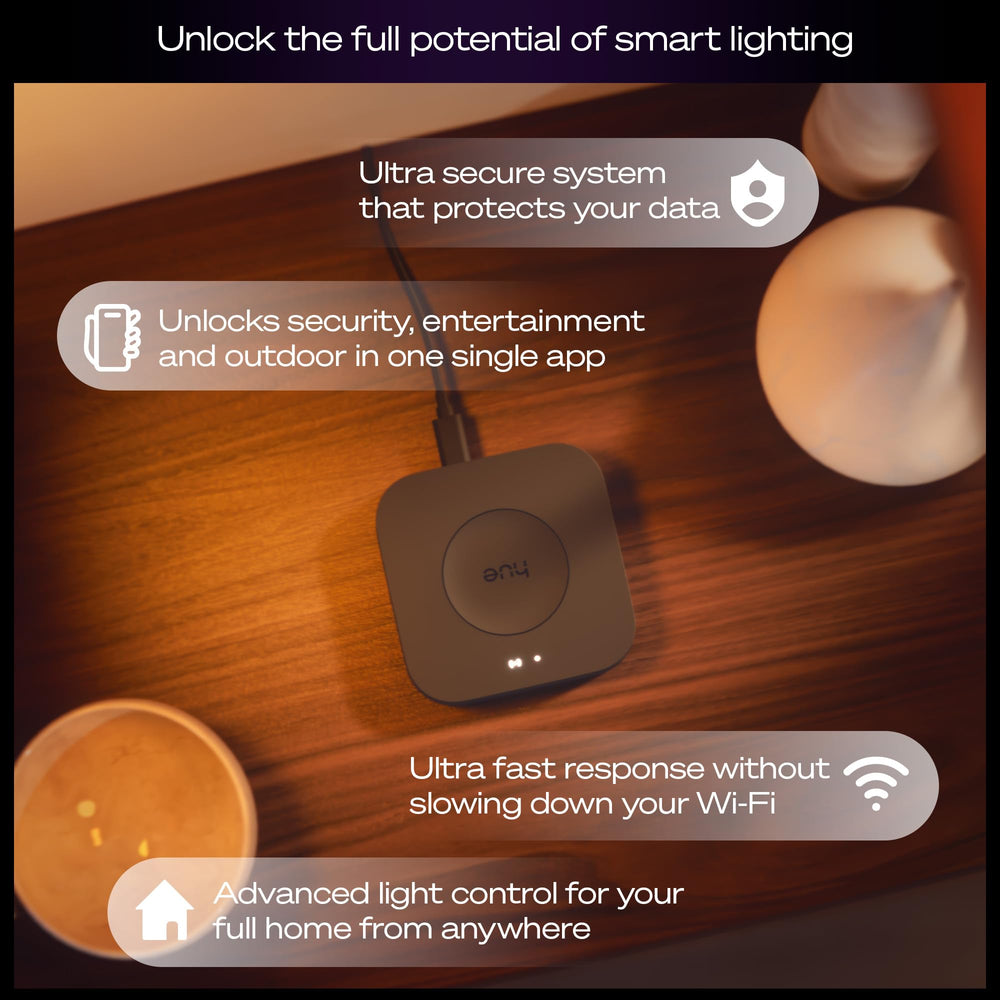 Philips Hue Bridge Pro angled side highlighting sleek design and placement benefit